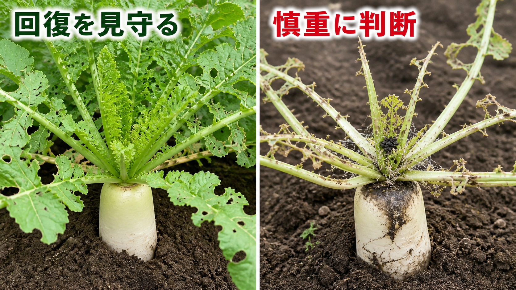 大根の虫食いから回復を見込む株と慎重に判断する株の比較