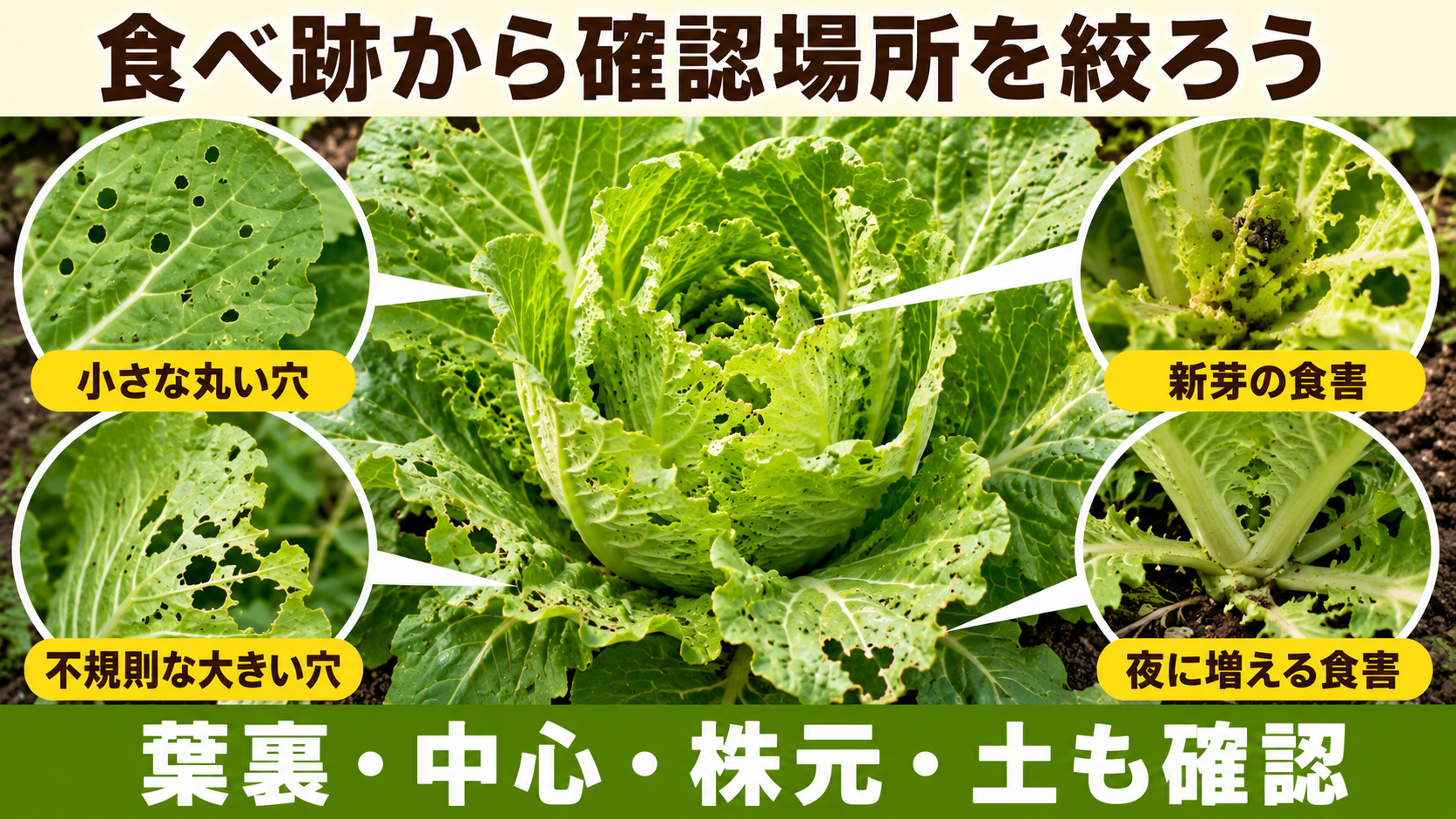 白菜の小さな丸い穴、不規則な穴、新芽と夜の食害を比較した図