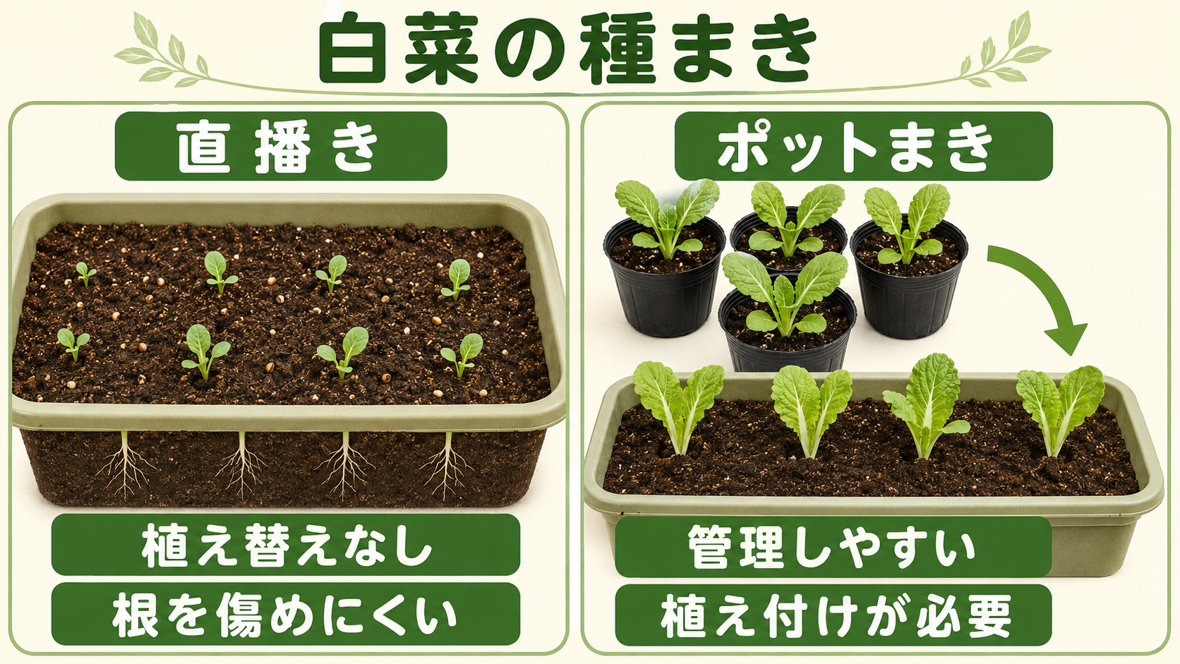 白菜の直播きとポットまきのメリットとデメリットの比較