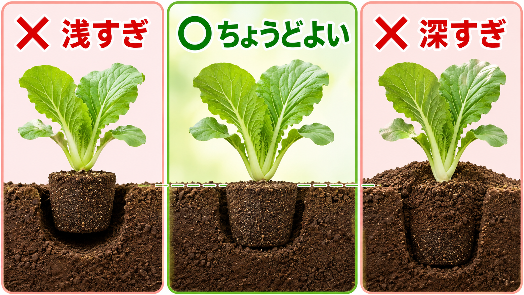 白菜苗の浅植え・適切な深さ・深植えを比較した図