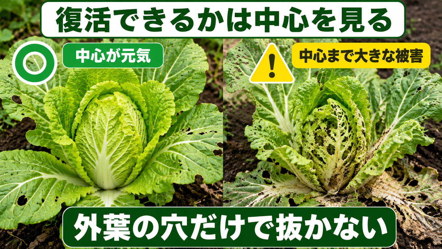 中心が元気な白菜と中心まで大きく食害された白菜の比較