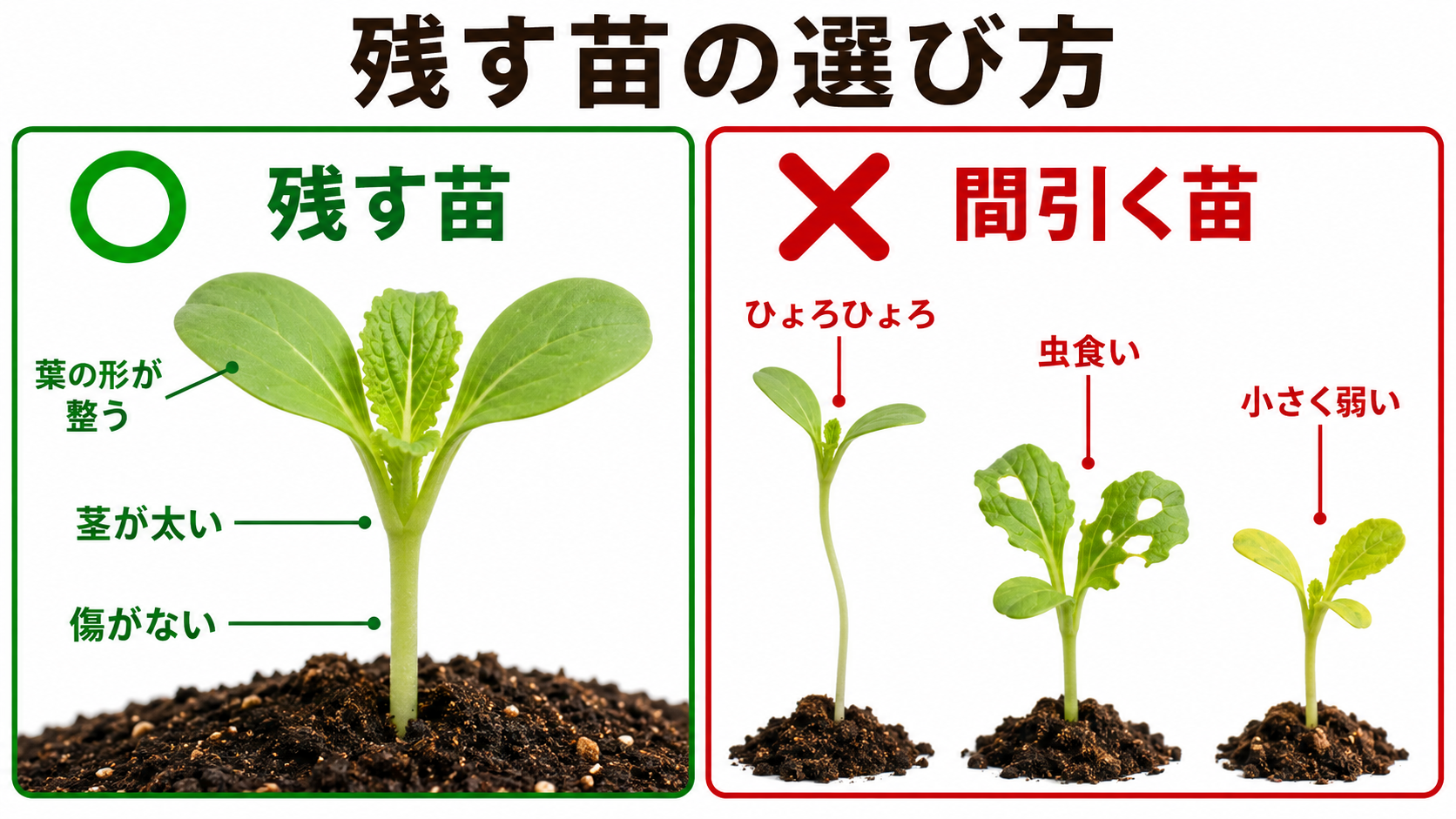 残す白菜の苗と間引く苗を比較した図解