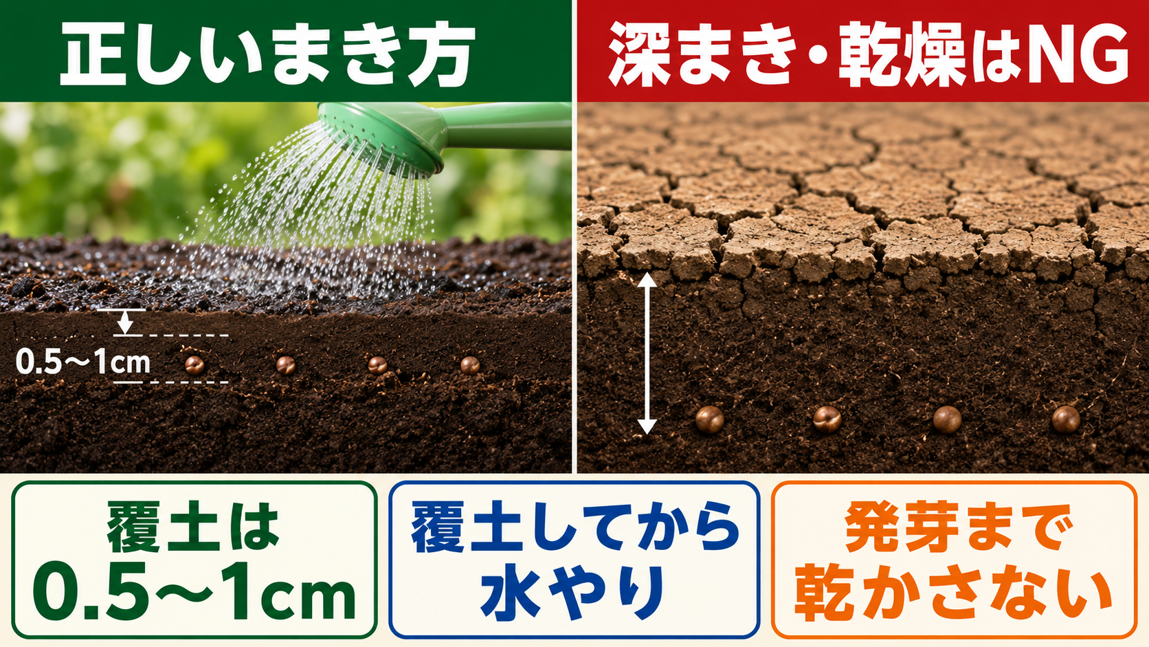 カブの覆土0.5から1cmと発芽までの水やりを示す図解