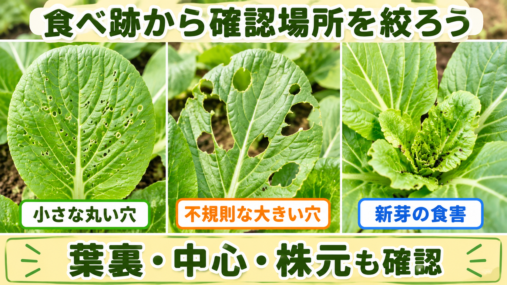 小松菜の小さな丸い穴、不規則な穴、新芽の食害を比較した図