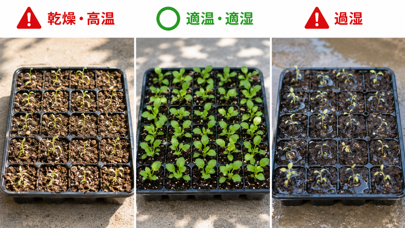 レタスが発芽しやすい適温と適湿を高温や乾燥と比較した画像