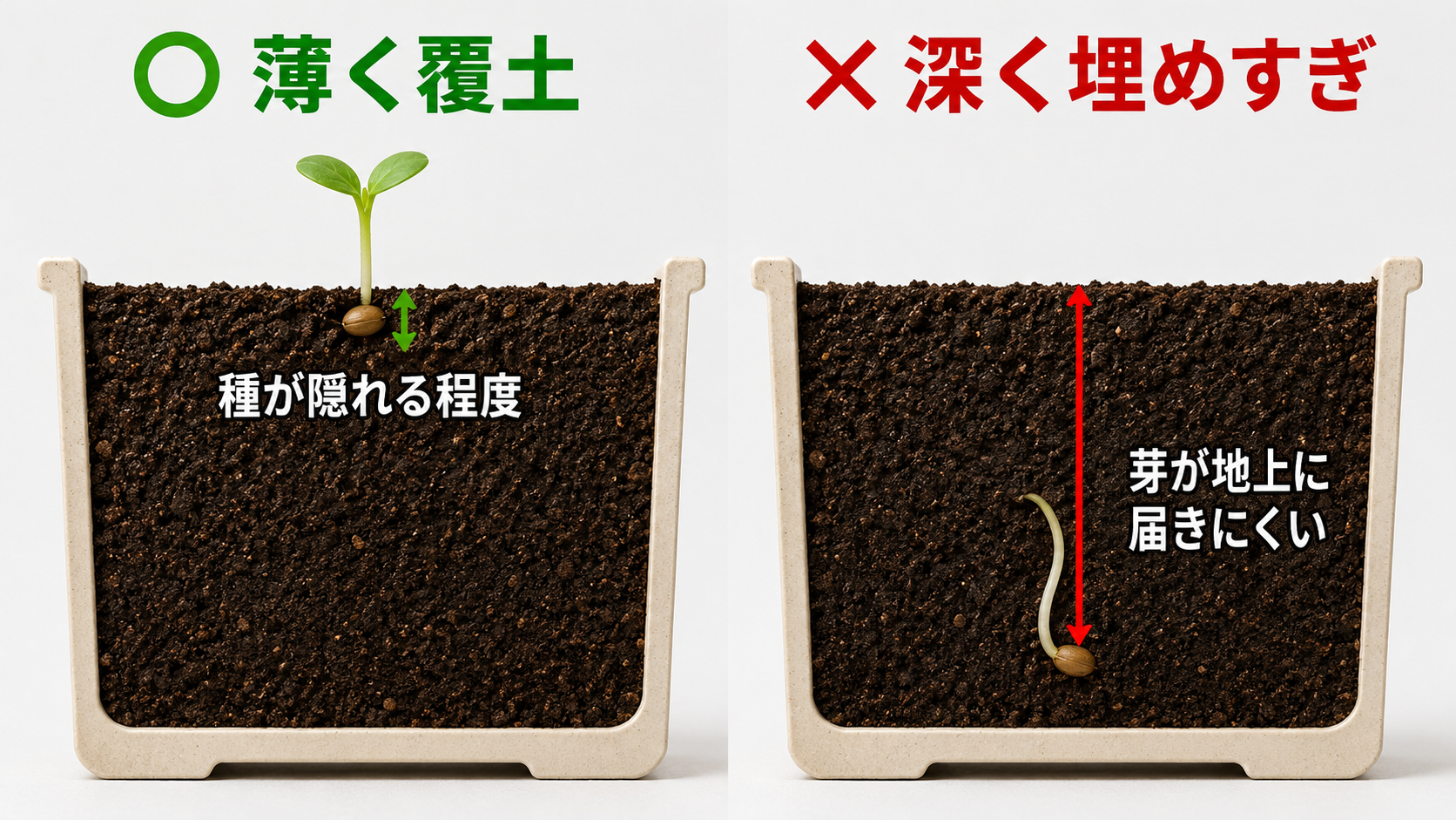 レタスの種へ土を薄くかぶせた場合と深く埋めた場合の比較