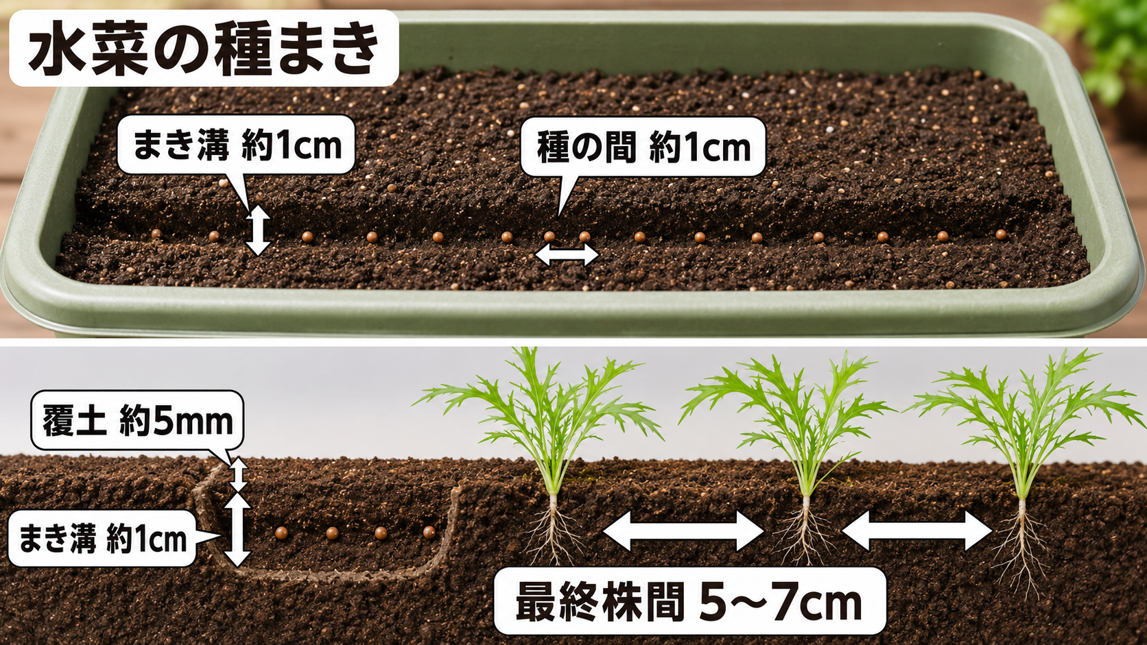 水菜のまき溝の深さと株間を示した図解