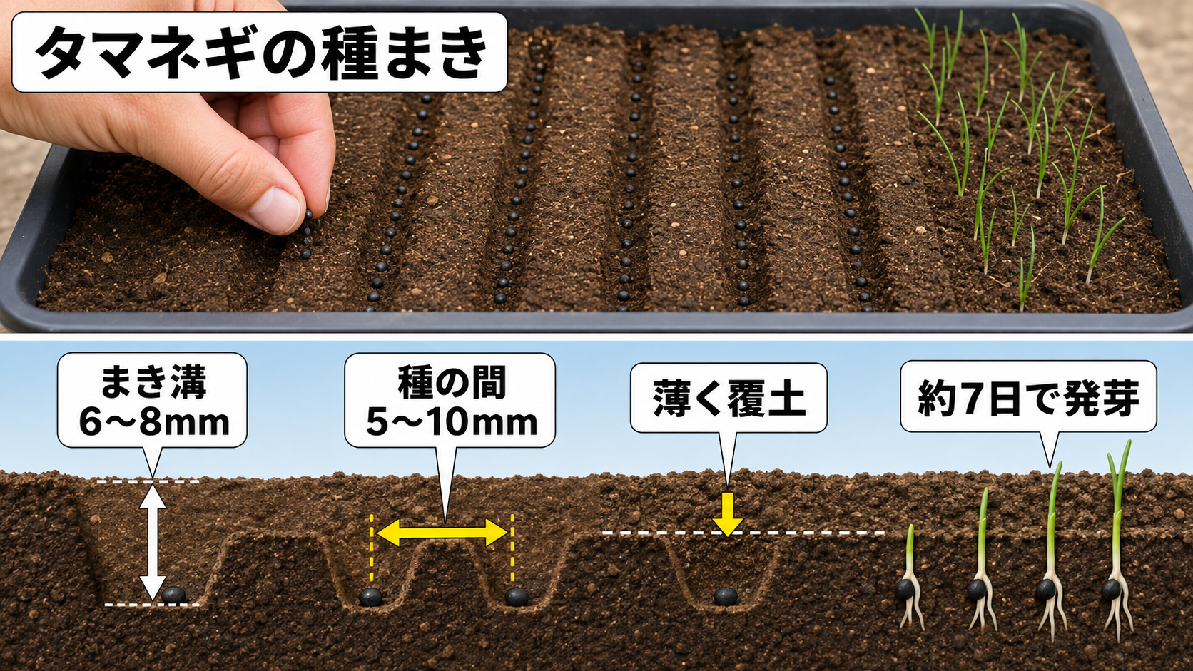 タマネギのまき溝6から8ミリと種間5から10ミリを示す図