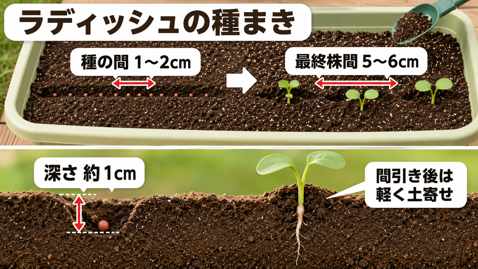 ラディッシュの種まき深さ約1cmと種間1～2cmと最終株間5～6cmを示した図