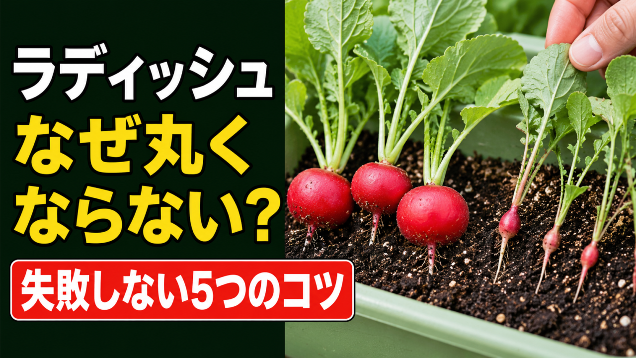 ラディッシュの種まき時期と丸く育てる5つのポイントを示すアイキャッチ