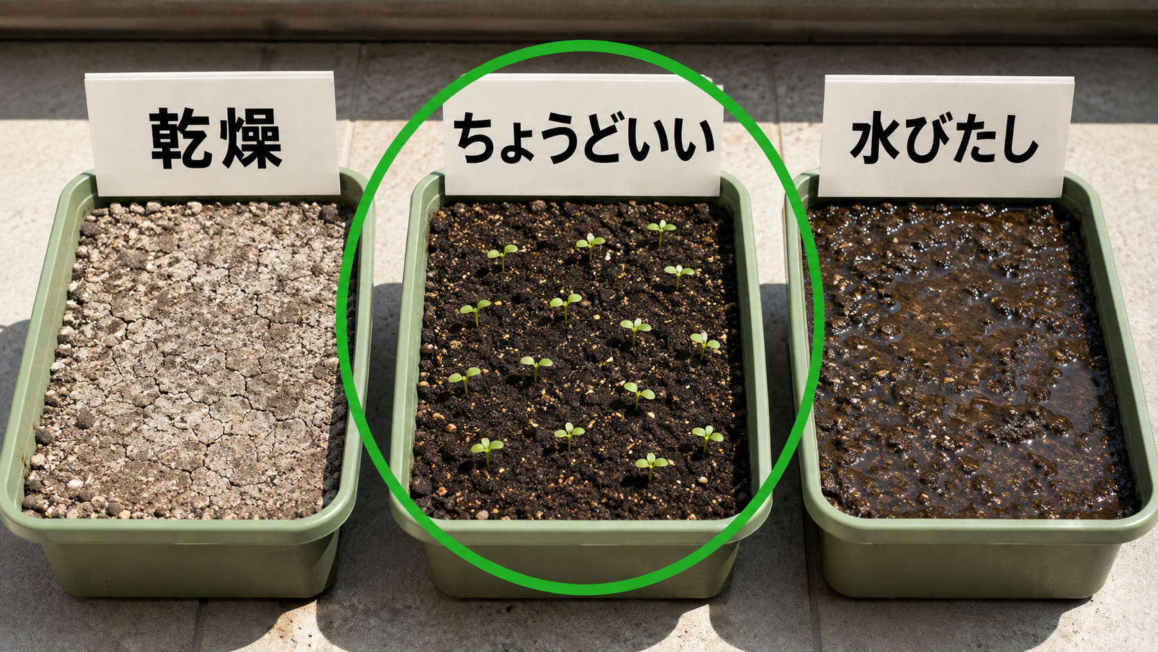 種まき後の土を乾燥・適湿・水びたしで比較した画像