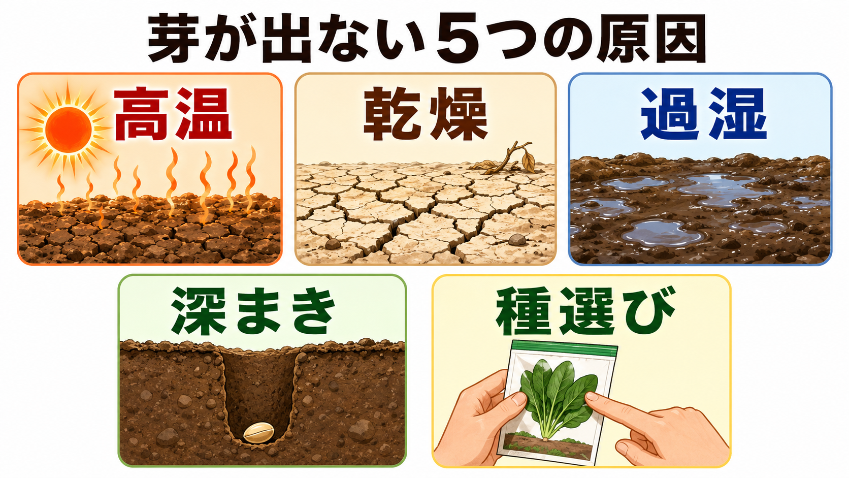 ほうれん草の芽が出ない高温乾燥過湿深まき種選びの5原因