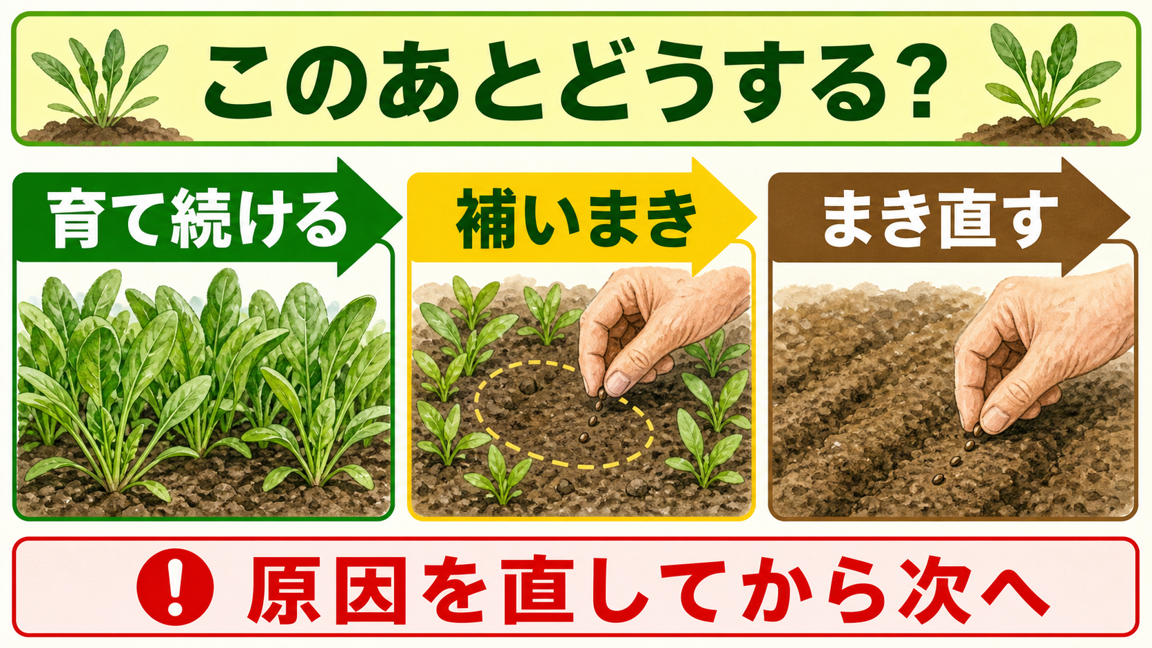 ほうれん草を育て続けるか補いまき、まき直しを選ぶ判断
