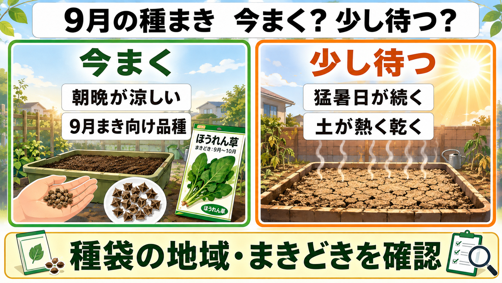 9月にほうれん草を今まくか少し待つかの判断図