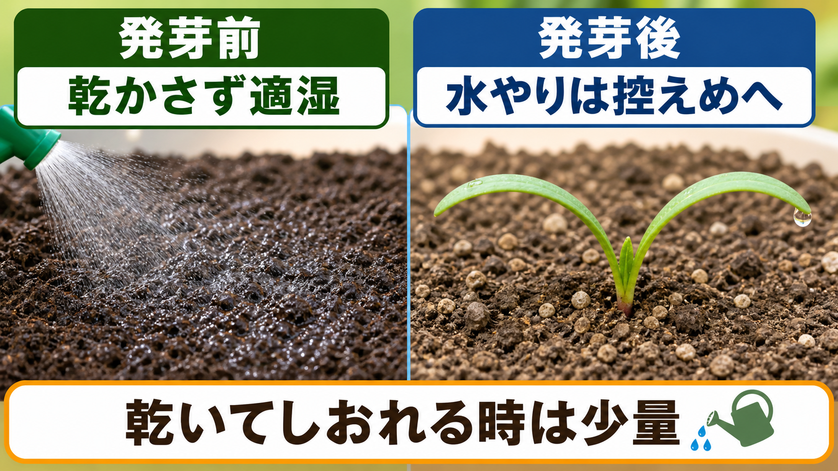 ほうれん草の発芽前と発芽後の水やり比較