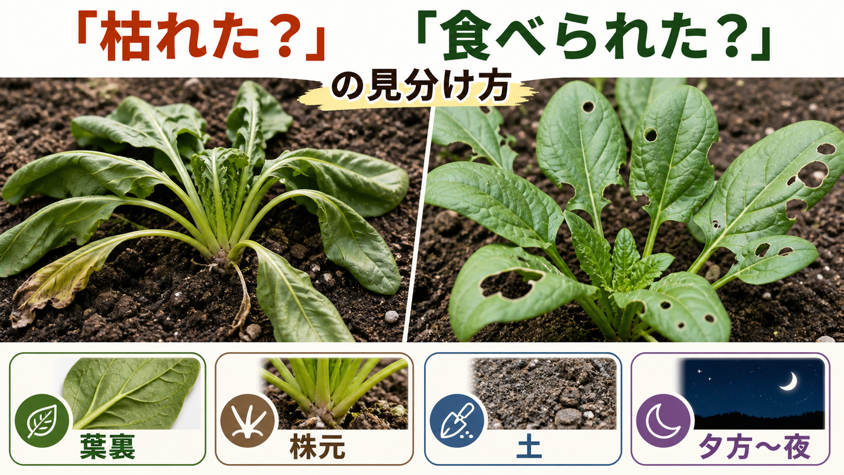 ほうれん草の苗が消えた時に確認する葉裏、株元、土