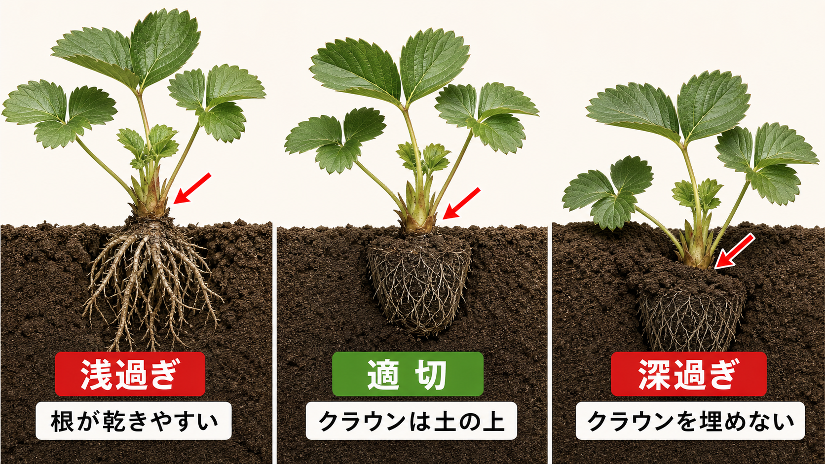 イチゴ苗のクラウンを埋めない正しい植え付け深さ