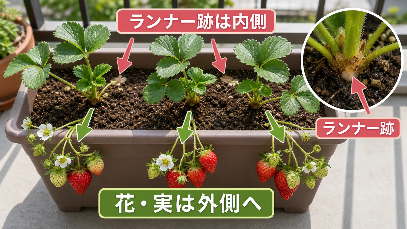 イチゴ苗のランナー跡と花や実がなる方向