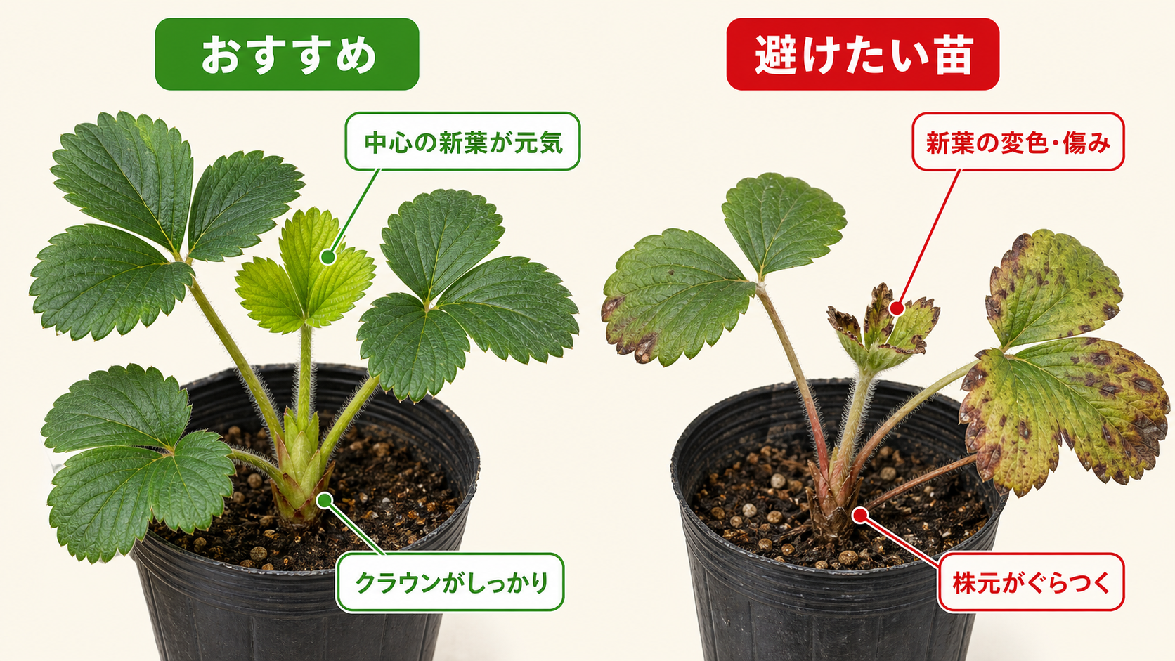 健康なイチゴ苗と弱ったイチゴ苗の見分け方