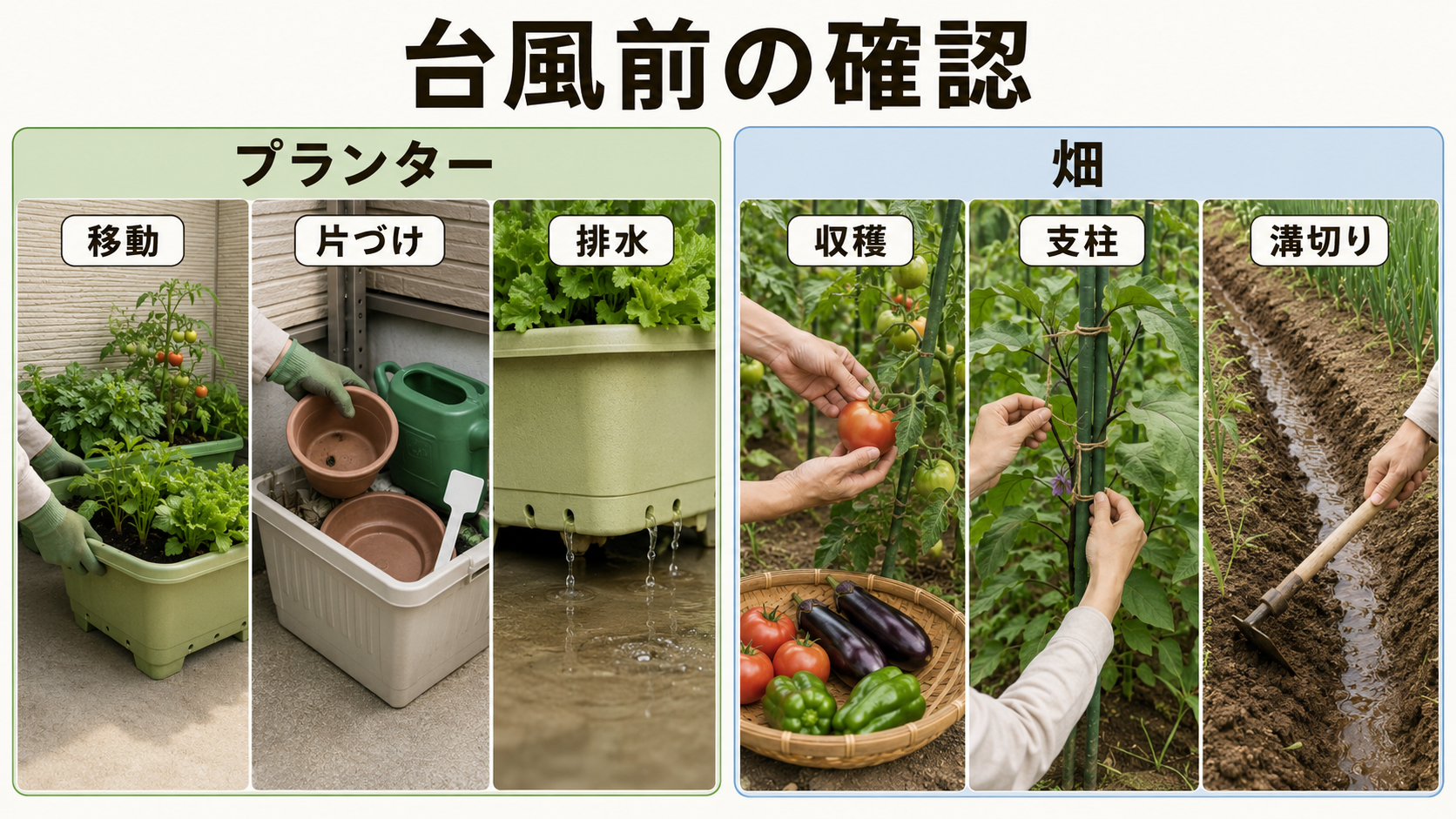 プランター菜園と畑で異なる台風前の確認項目