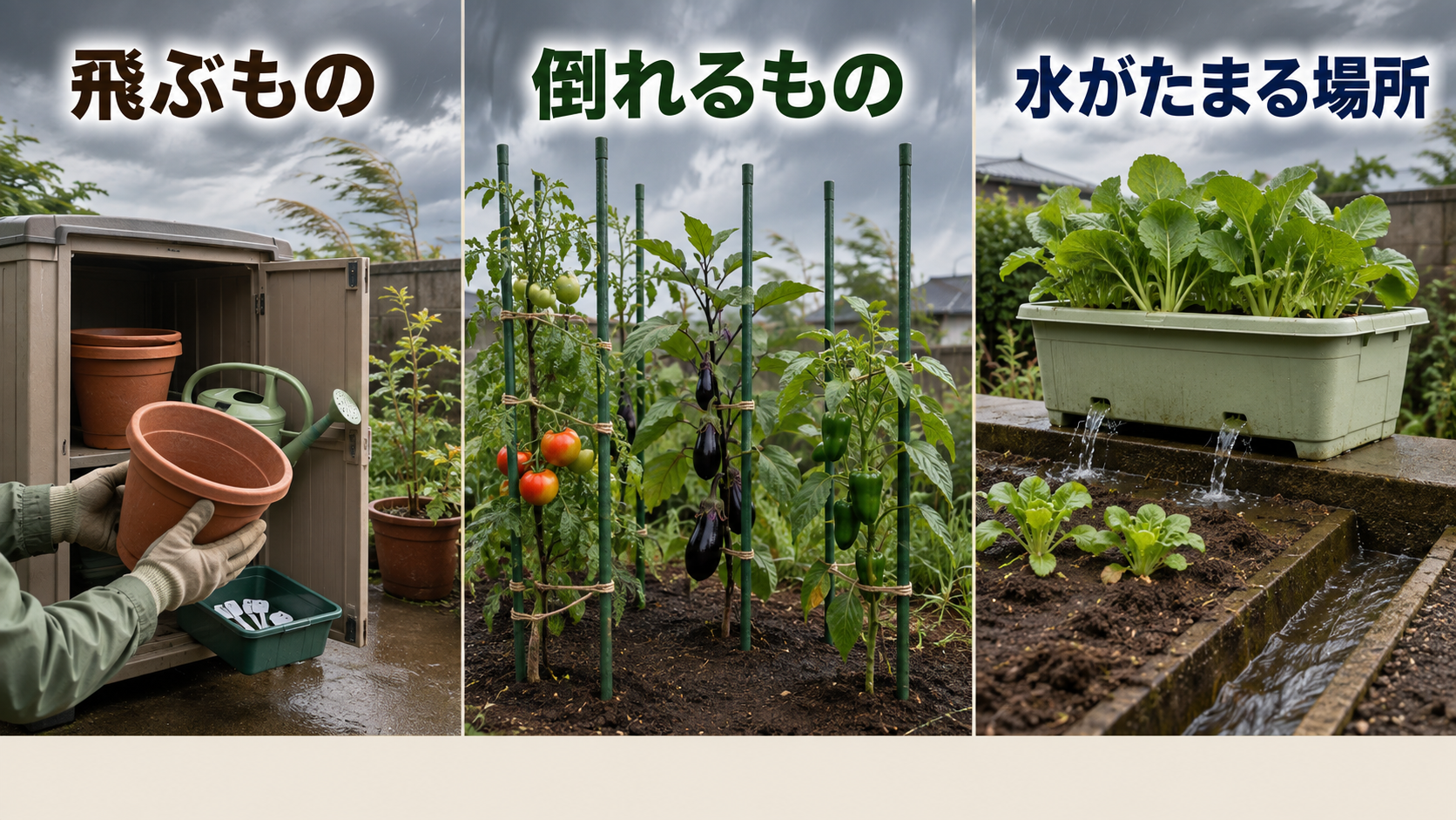 台風前に確認する飛ぶ物・倒れる物・水がたまる場所の3項目