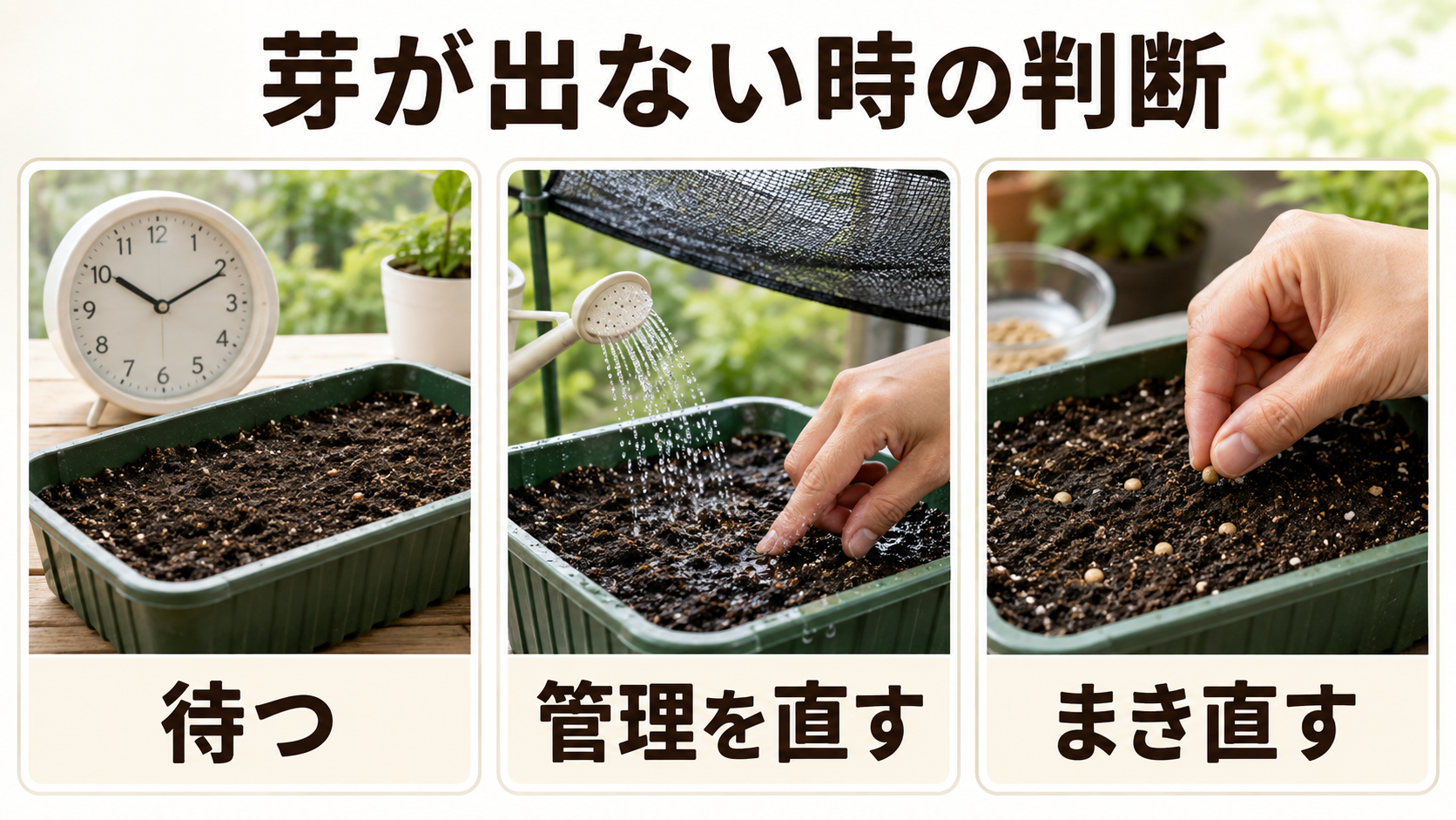 芽が出ない時の待つ・管理を直す・まき直すの3つの判断