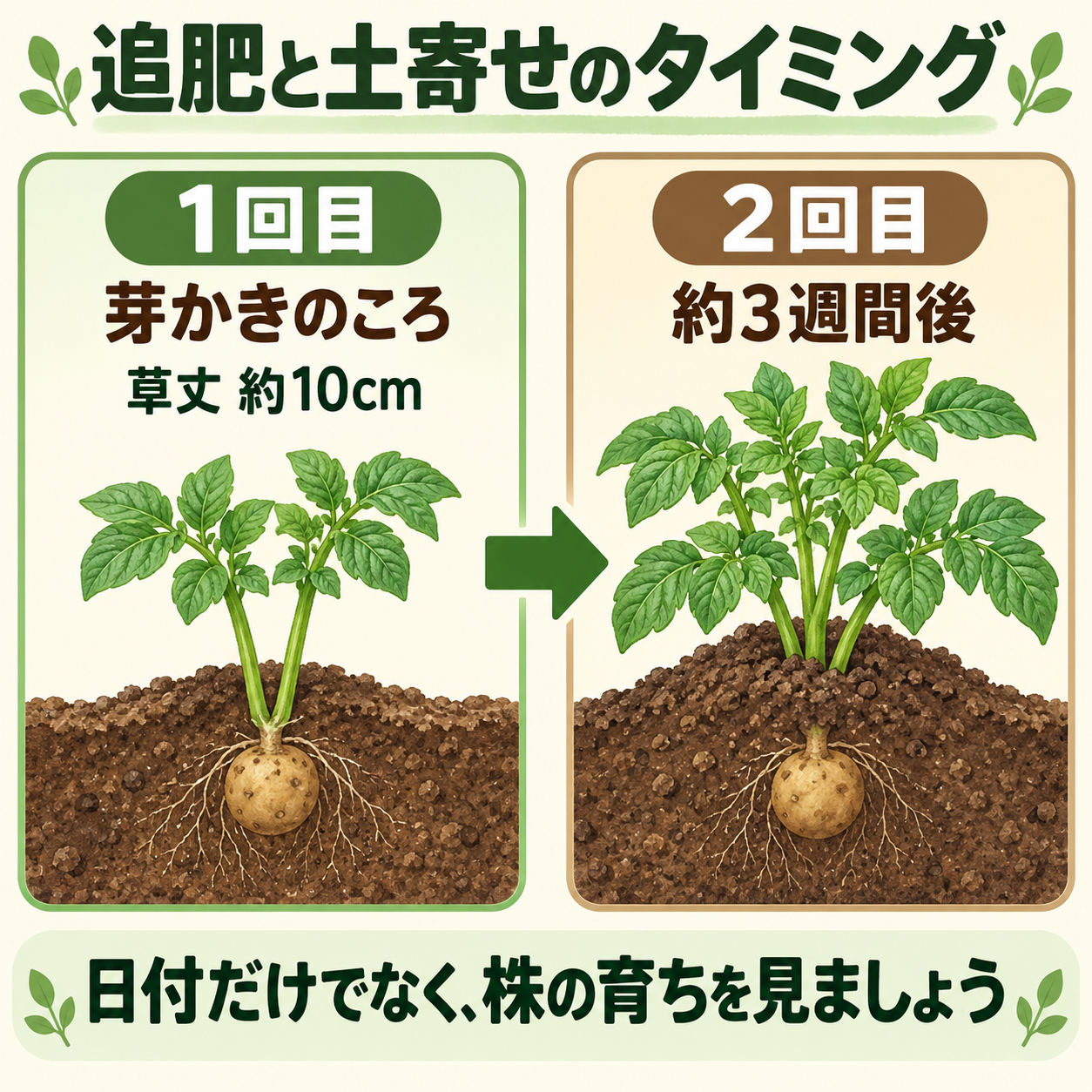 1回目は芽かきのころ、2回目は約3週間後を示す図