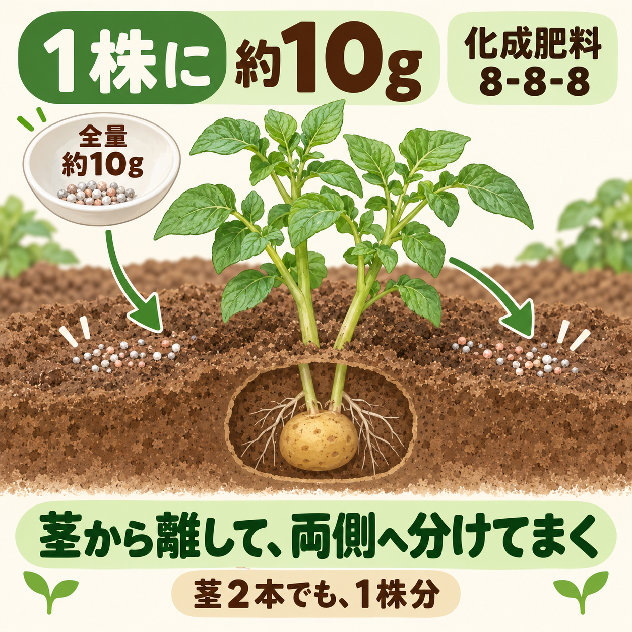 1株分の肥料約10gを、茎から離れた両側へ分けてまく図