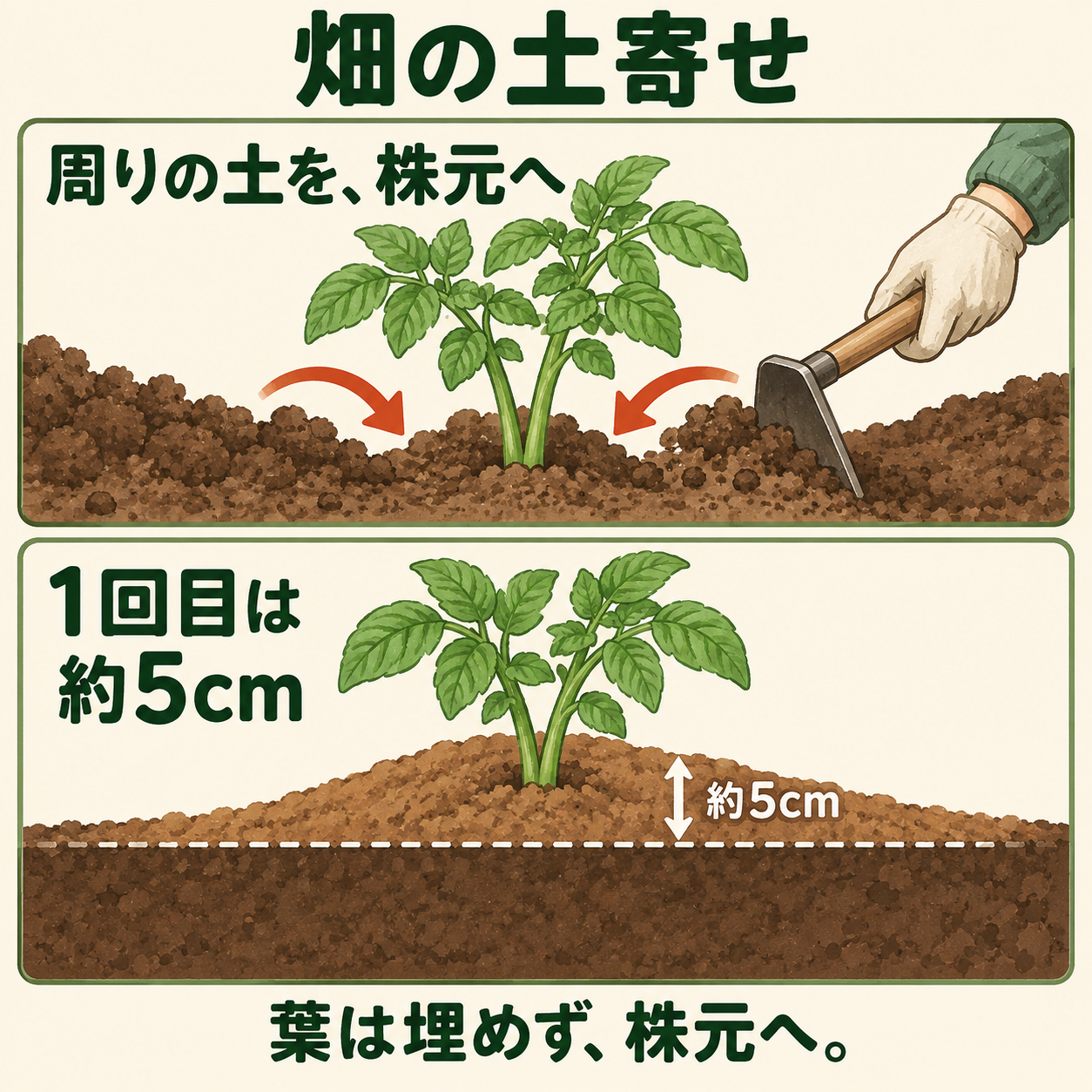 畑の周りから株元へ土を寄せ、最初は約5cm高くする図