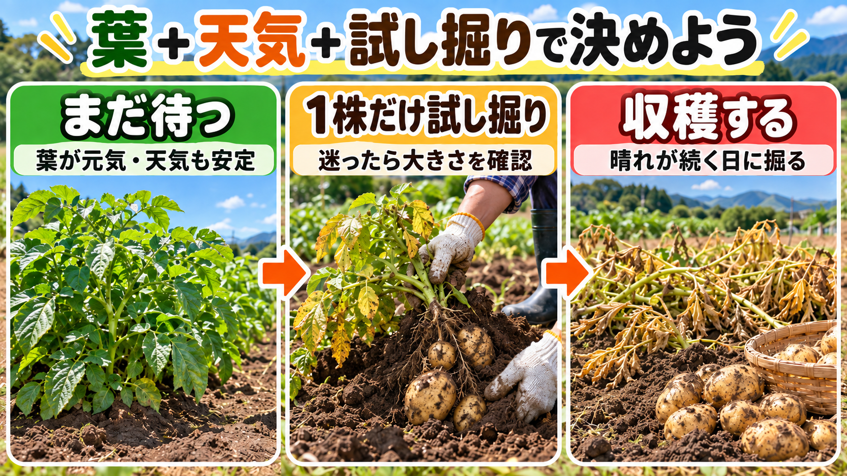 秋ジャガイモの収穫を待つ・試し掘り・収穫の3つに分ける図