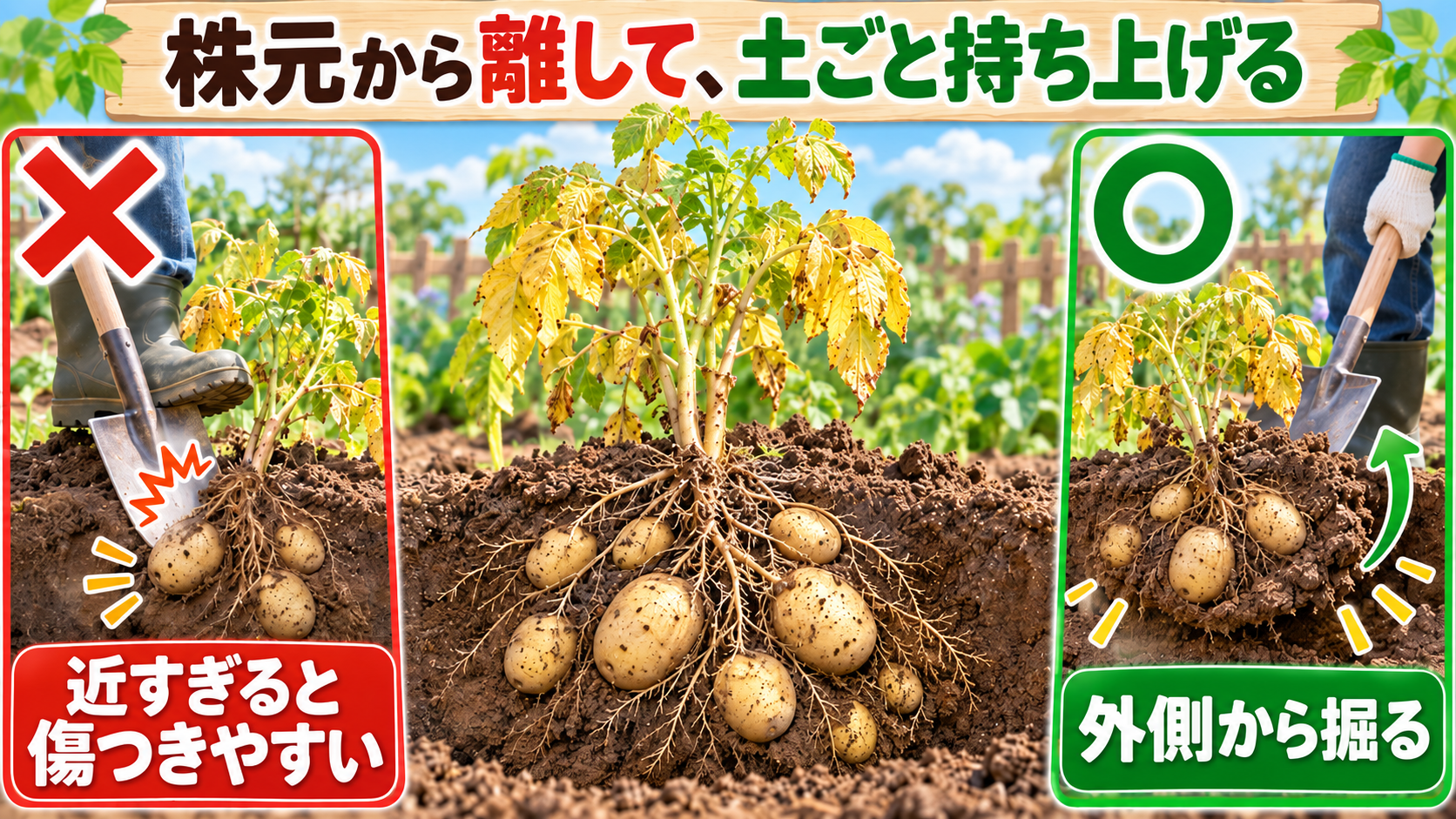 株元から少し離してフォークを入れる収穫図