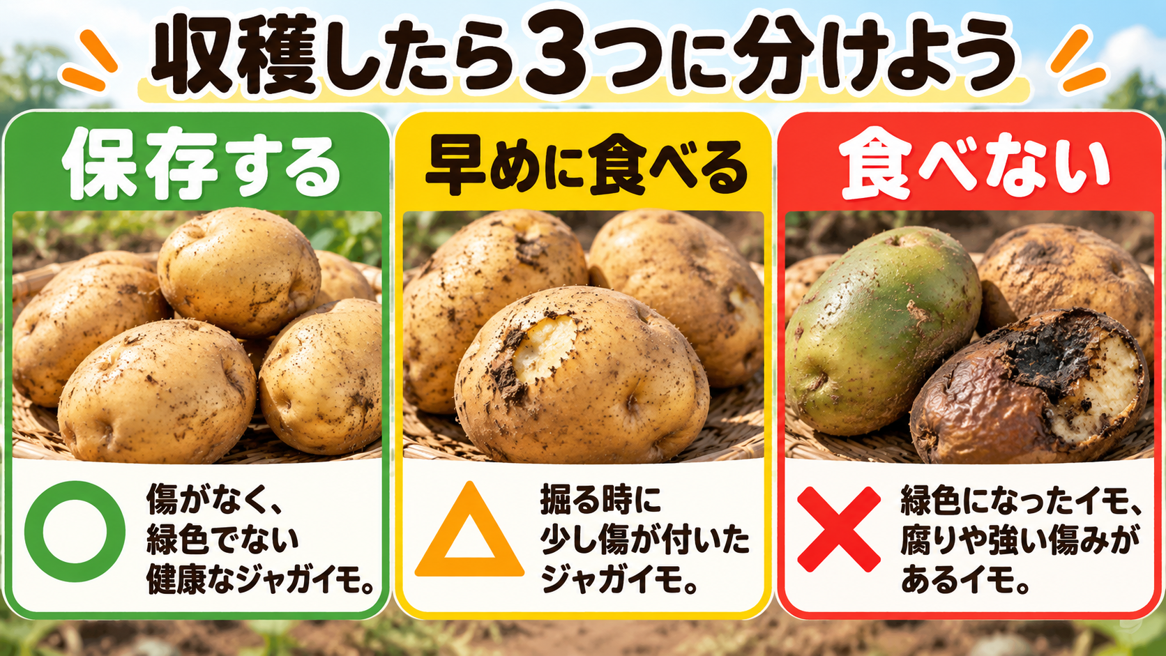 収穫したジャガイモを保存用・早く食べる・食用にしないへ分ける図