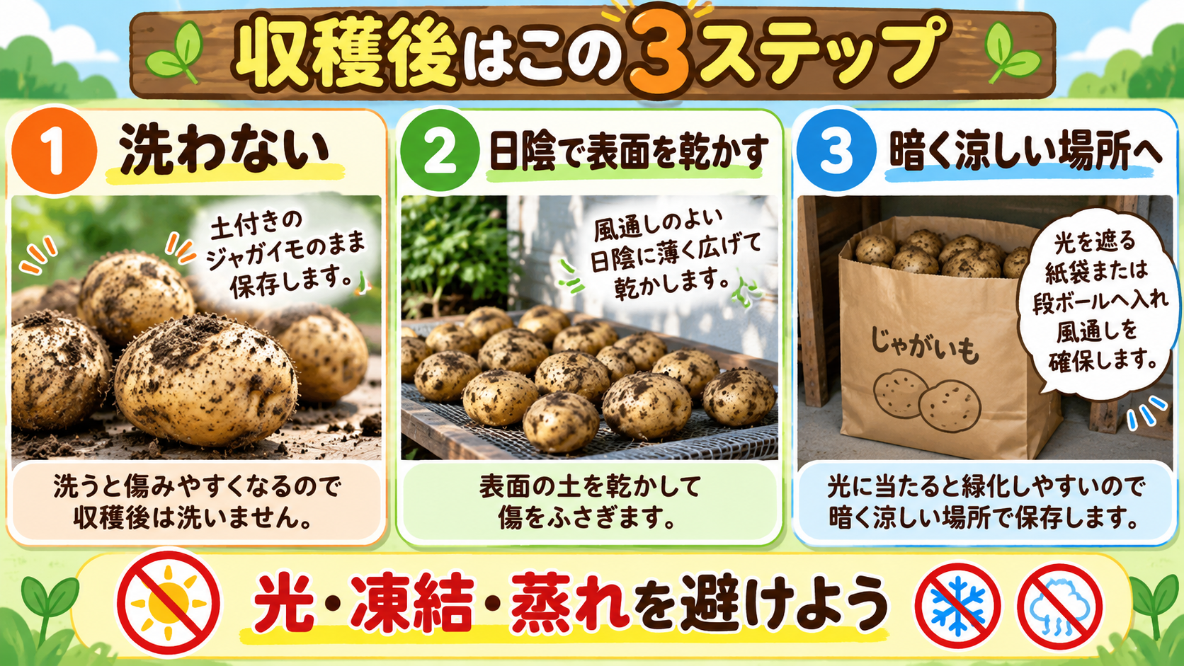 秋ジャガイモを洗わず乾かして暗い場所へ保存する3ステップ