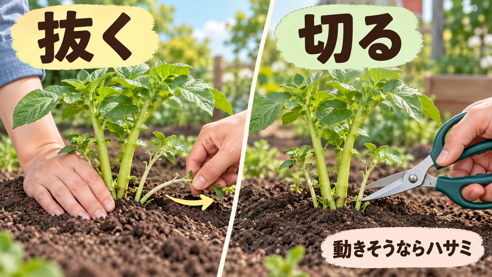 ジャガイモの芽を横へ抜く方法と地際で切る方法の比較