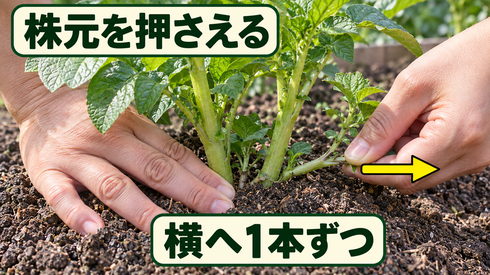ジャガイモの株元を押さえて不要な芽を横へ1本ずつ抜く方法