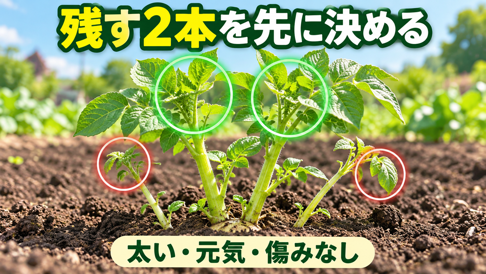 ジャガイモの太く元気で傷みのない芽を2本選ぶ図
