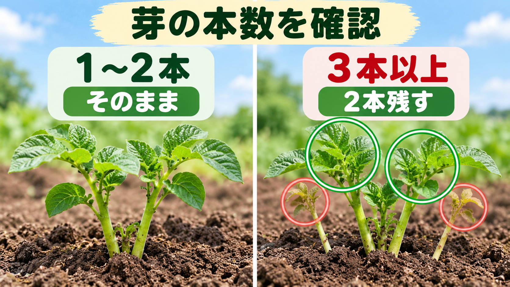 ジャガイモの芽が1~2本ならそのまま、3本以上なら2本残す判断図