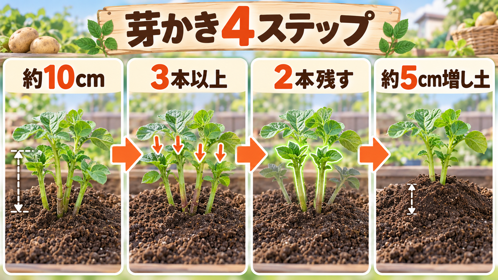 約10cm、3本以上、2本残す、約5cm増し土のジャガイモ芽かき4ステップ
