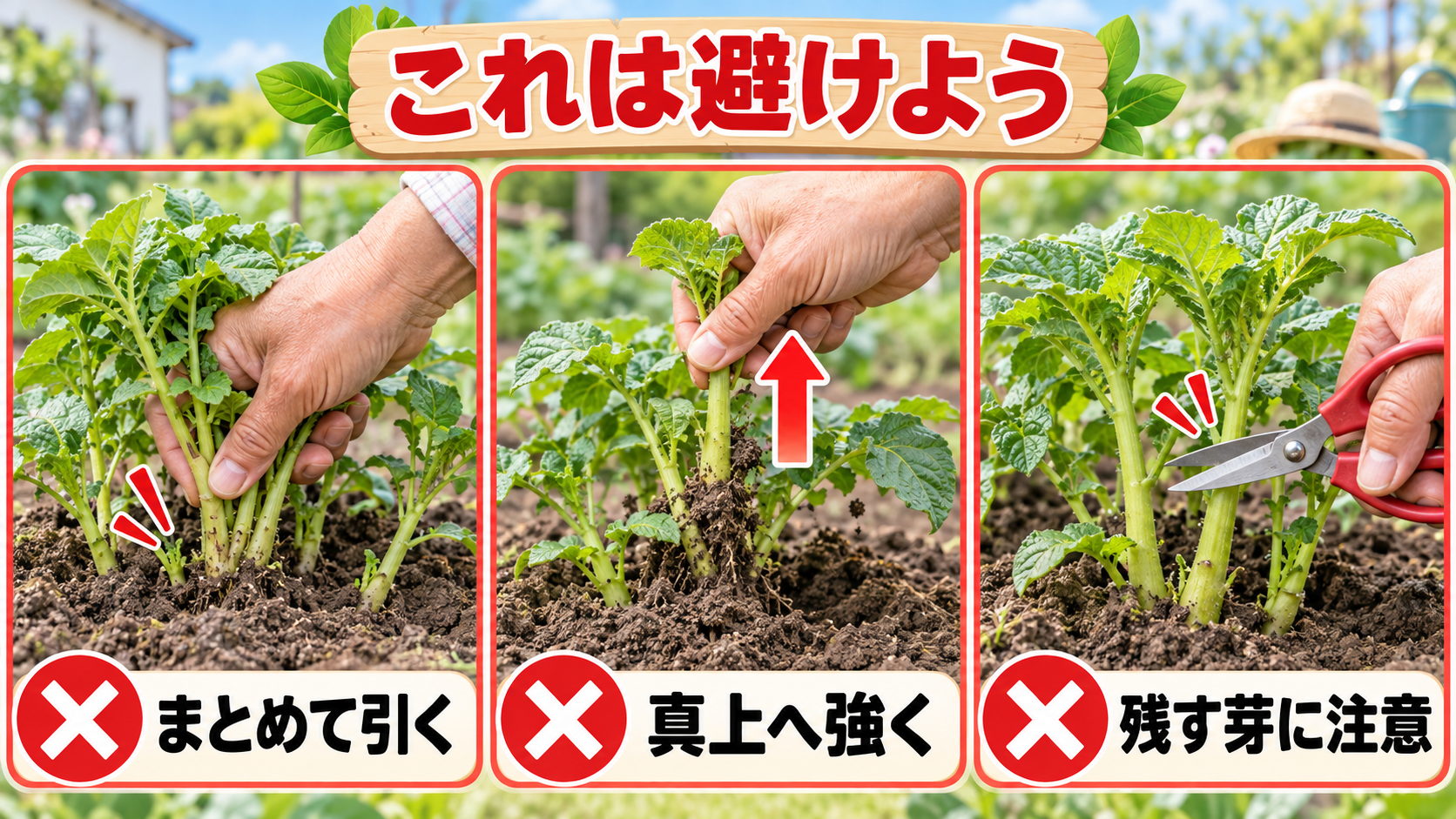 ジャガイモの芽をまとめて引く、真上へ強く引く、残す芽へハサミを向ける失敗例