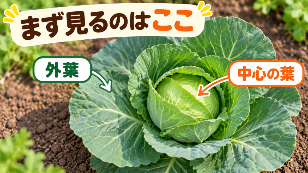 キャベツの外葉と中心の葉を見る場所