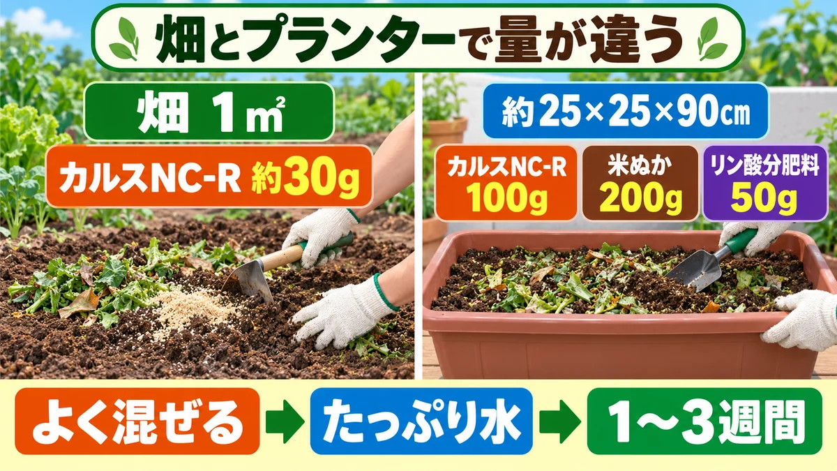 カルスNC-Rの畑とプランターで異なる使用量