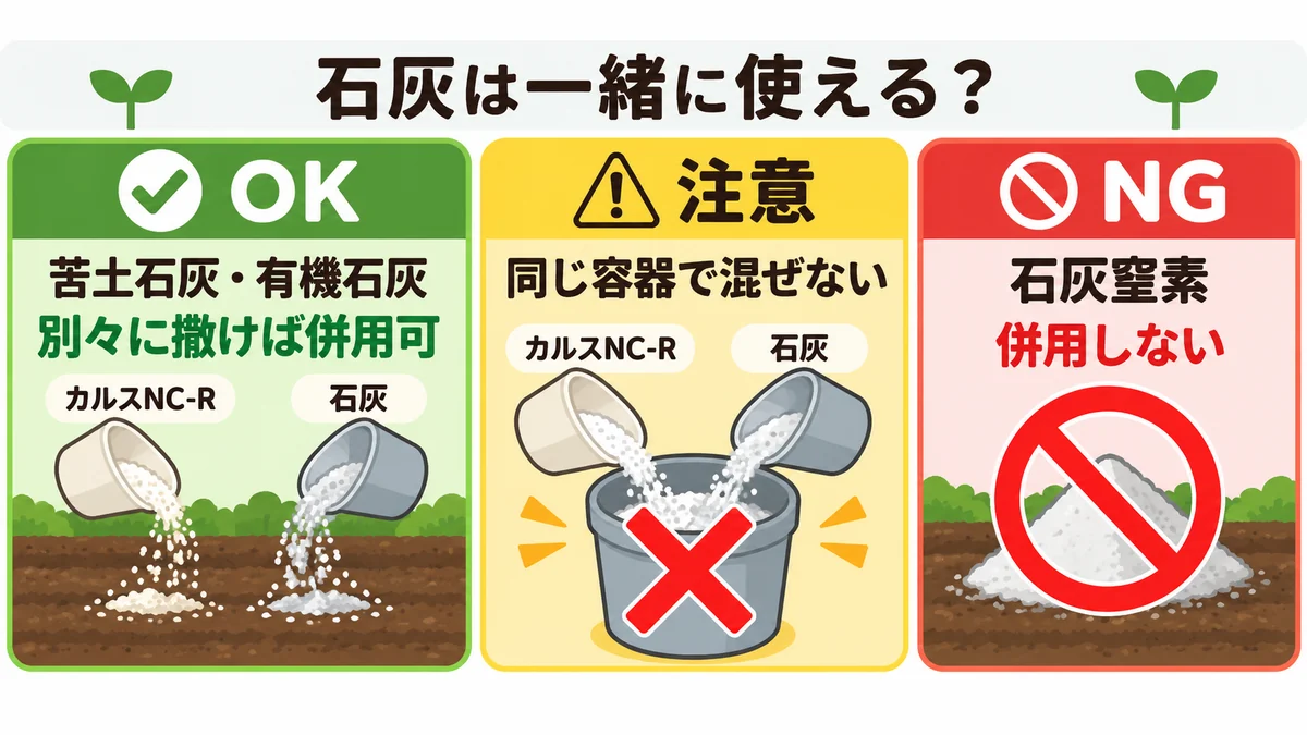 カルスNC-Rと石灰の使い分け。苦土石灰・有機石灰は別々に散布し、同じ容器で混ぜず、石灰窒素とは併用しないことを示す図