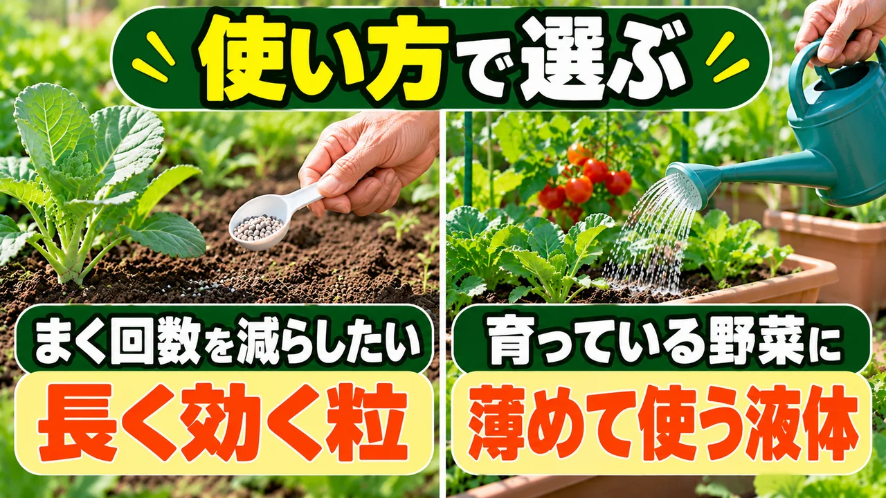 肥料をまく回数を減らしたい人向けの長く効く粒と、育っている野菜に与える液体肥料の比較図