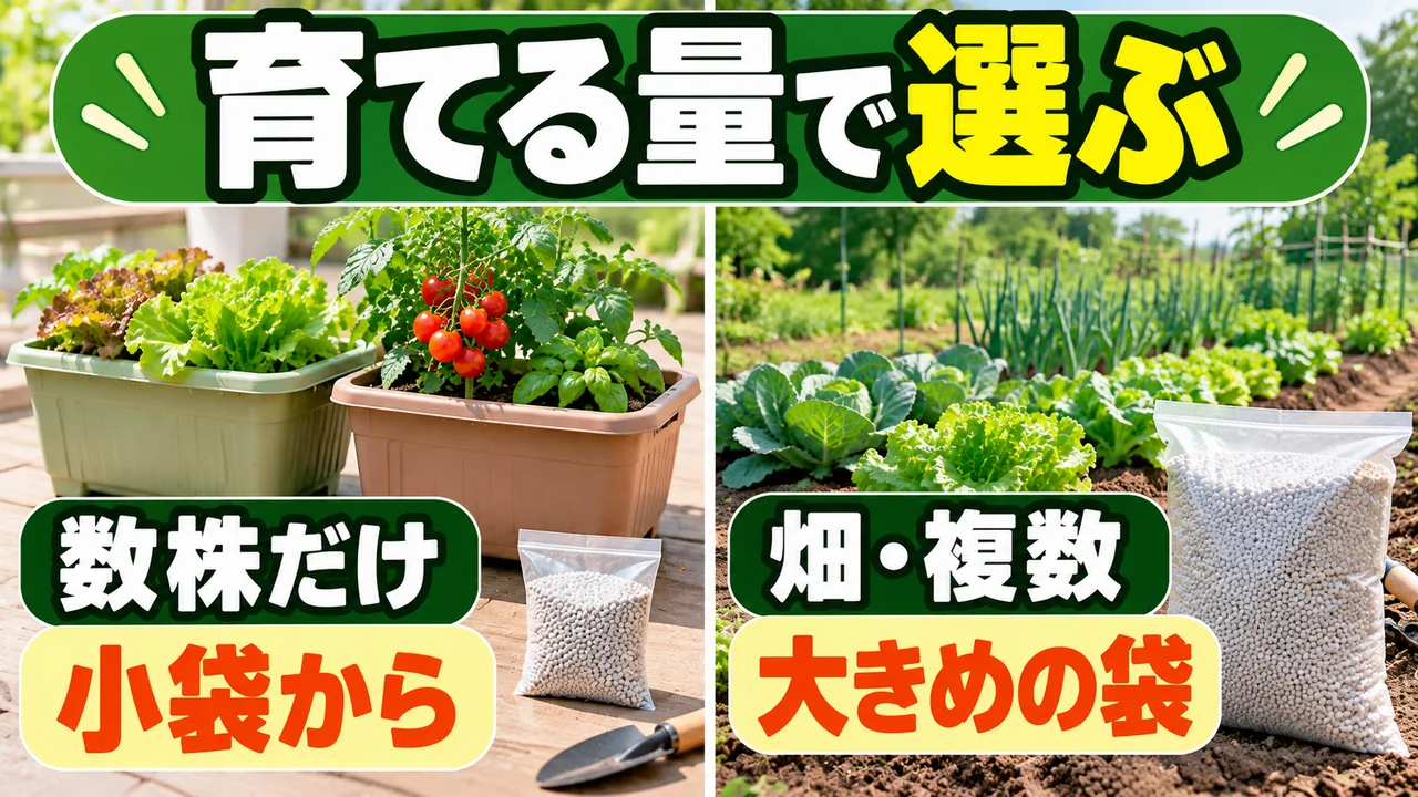 数株だけなら小袋から、畑や複数の野菜なら大きめの袋を選ぶ比較図
