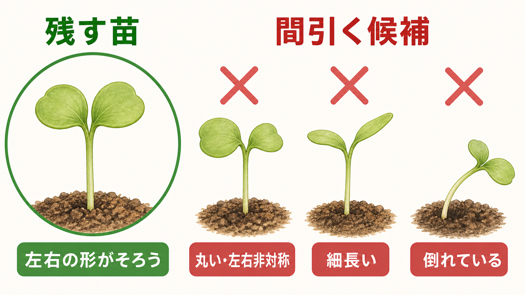 大根で残す双葉と間引く候補の双葉の形を比較した図