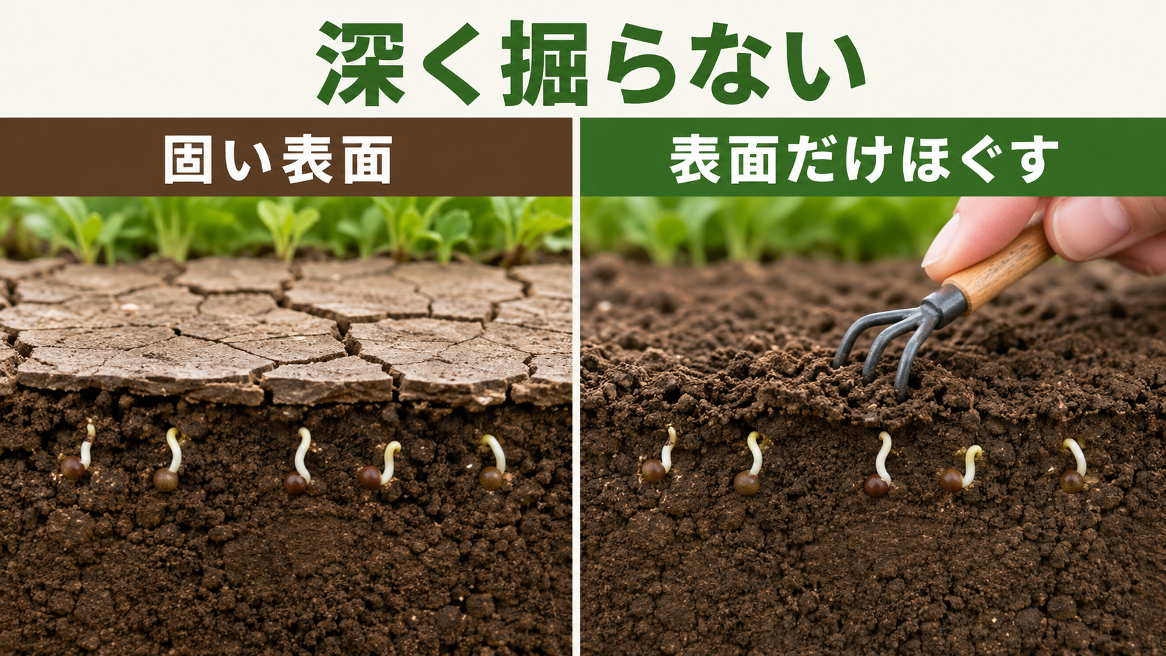 固まった土の表面と、表面だけを浅くほぐす大根の発芽対策