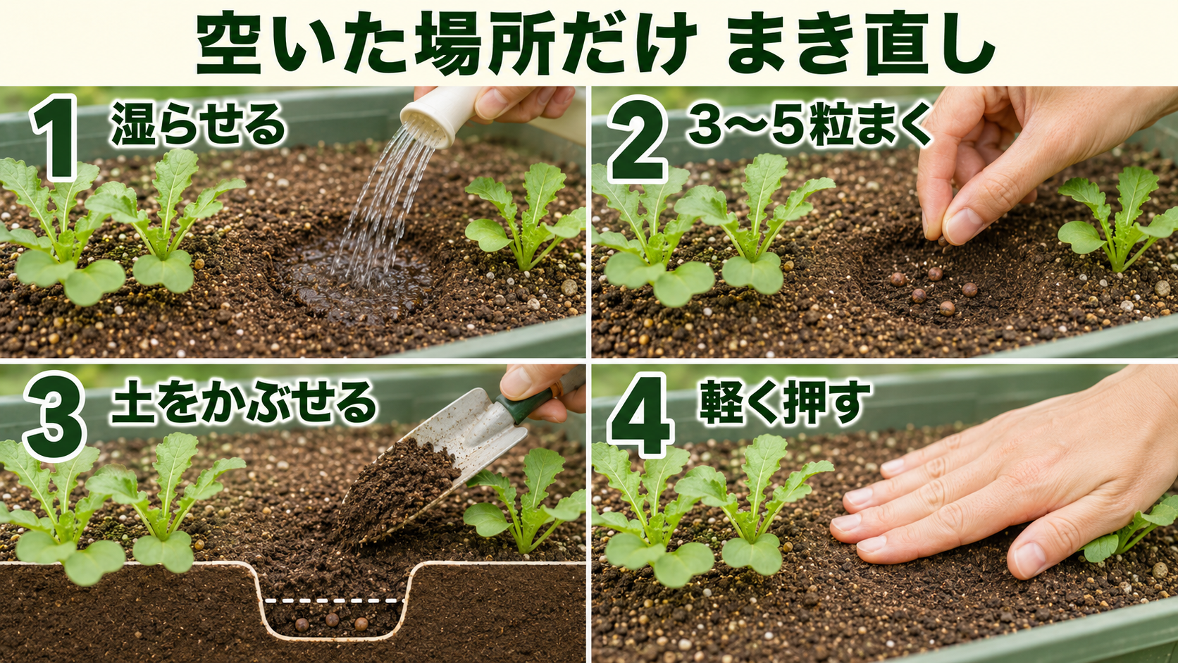 大根を湿らせる、3～5粒まく、土をかぶせる、軽く押さえる4手順