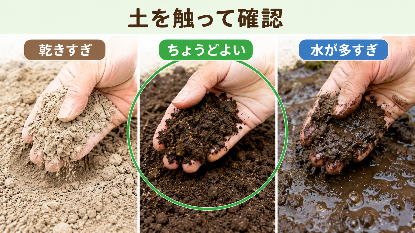大根の発芽前の土を乾きすぎ、ちょうどよい、水が多すぎで比較