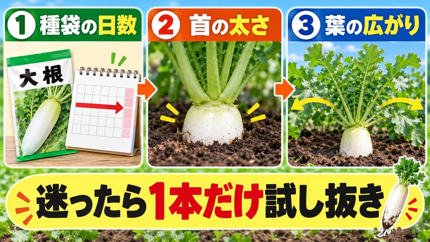大根の収穫時期を種袋・首・葉の3点で確認する図解