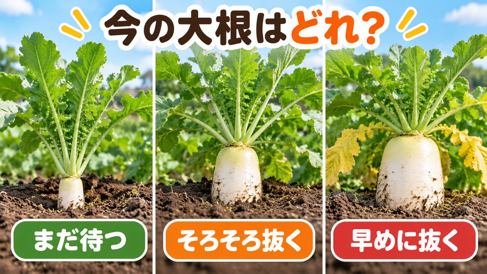 大根をまだ待つ・そろそろ抜く・早めに抜くの3状態で比べた図解